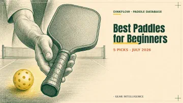 Engraved field-manual illustration of a hand offering a widebody pickleball paddle handle-first above a court, a glowing ball on the ground and a net in the background, with 'Best Paddles for Beginners — 5 picks, July 2026' lettered on the right