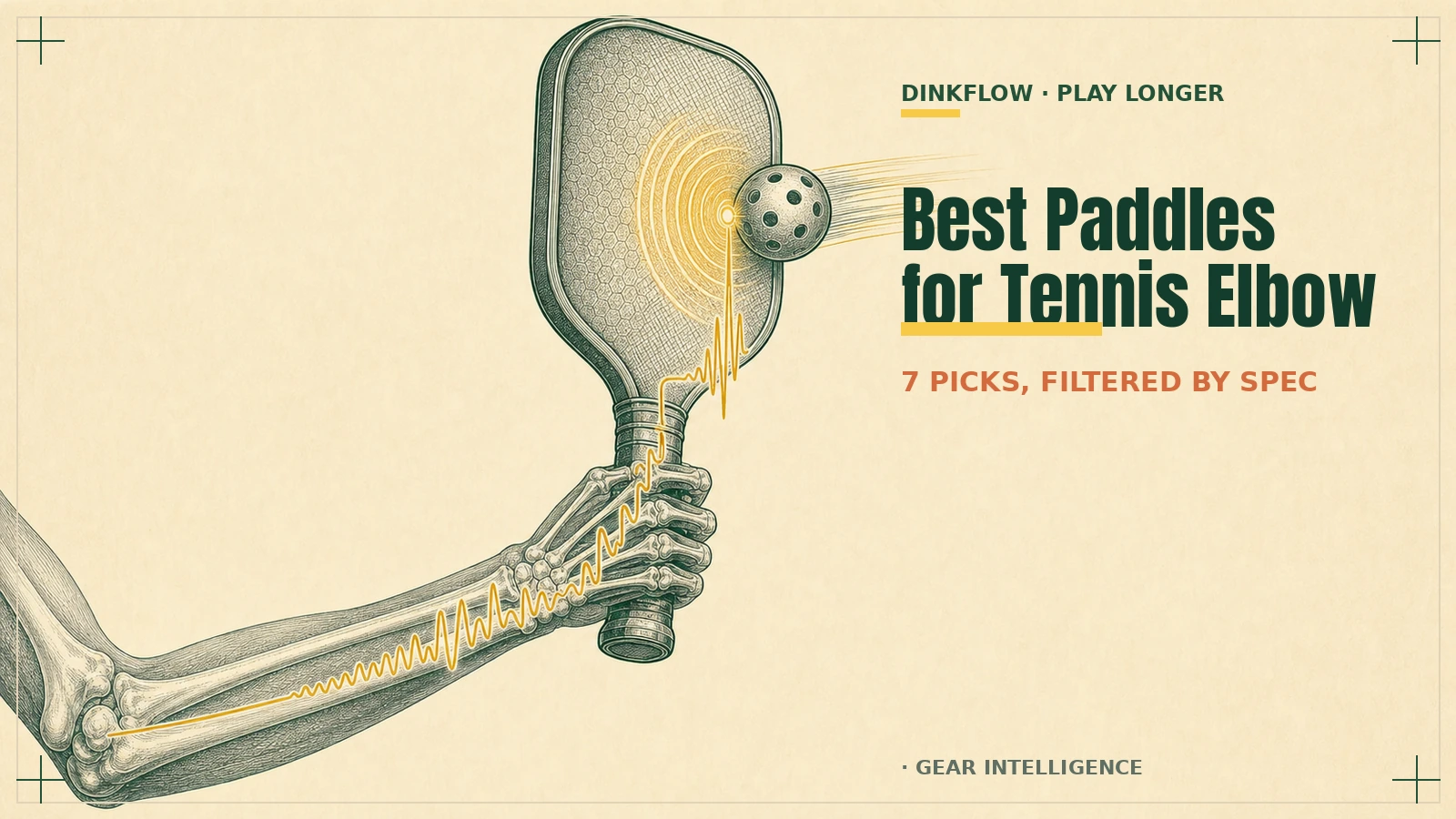 Engraved anatomical illustration of a skeletal forearm gripping a pickleball paddle as a ball strikes the face: yellow shockwave rings burst at the impact point and a vibration waveform travels down the handle and along the forearm, flattening to a calm line before it reaches the elbow. The title 'Best Paddles for Tennis Elbow — 7 picks, filtered by spec' is lettered on the right