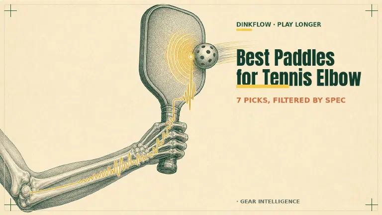 Engraved anatomical illustration of a skeletal forearm gripping a pickleball paddle as a ball strikes the face: yellow shockwave rings burst at the impact point and a vibration waveform travels down the handle and along the forearm, flattening to a calm line before it reaches the elbow. The title 'Best Paddles for Tennis Elbow — 7 picks, filtered by spec' is lettered on the right