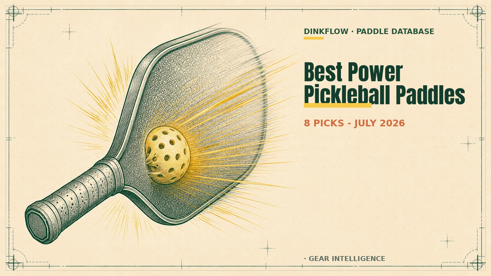 Engraved field-manual illustration of an elongated pickleball paddle mid-drive with a ball compressing against the face and yellow force lines exploding forward, with 'Best Power Pickleball Paddles — 8 picks, July 2026' and the DinkFlow Paddle Database mark lettered on the right