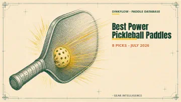 Engraved field-manual illustration of an elongated pickleball paddle mid-drive with a ball compressing against the face and yellow force lines exploding forward, with 'Best Power Pickleball Paddles — 8 picks, July 2026' and the DinkFlow Paddle Database mark lettered on the right