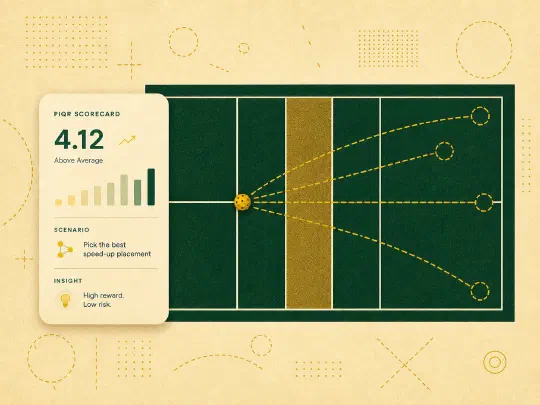 Top-down pickleball court showing four shot-decision trajectories from a single ball, with a PIQR scorecard overlay