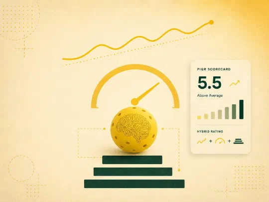 Yellow brain pickleball on a stack of green blocks beneath a mustard rating gauge, with a PIQR scorecard reading 5.5