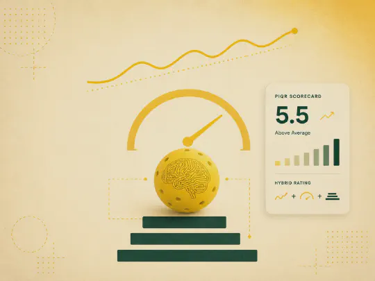 Yellow brain pickleball on a stack of green blocks beneath a mustard rating gauge, with a PIQR scorecard reading 5.5