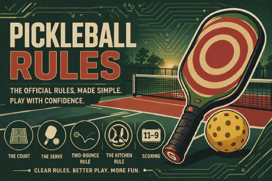 Pickleball rules visual — scoring, kitchen, and common faults guide