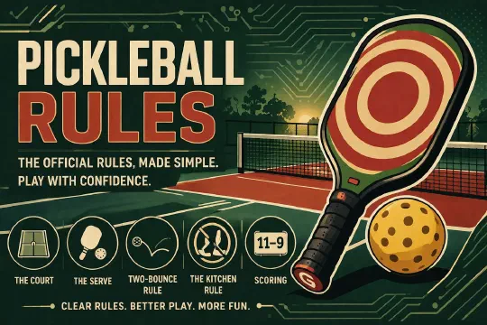 Pickleball rules visual — scoring, kitchen, and common faults guide