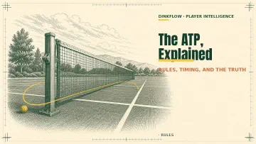 Engraved side view of a pickleball net with a yellow ball path curving around the outside of the net post and back into the court