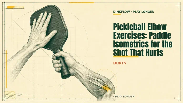 Engraved anatomical illustration: a pickleball paddle held in a natural grip while the other hand's fingers press the paddle face to hold it still, with the common extensor tendon at the outer elbow highlighted.