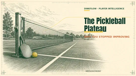 Engraved field-manual illustration of an empty pickleball court with a paddle and ball at the net post, and a yellow line flattening into a plateau