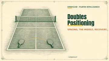 Engraved pickleball court in perspective with two paddles resting at doubles spacing and a yellow arc marking the shared middle seam
