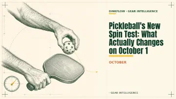 Engraved Field Manual illustration on cream paper: one bare forearm grips a pickleball paddle by the handle and holds it tilted back at a shallow angle, while a second hand above pinches a ball and holds it ready to drop onto the face. A faint dashed arc runs from the ball down to the paddle and continues away from it, suggesting the ball skidding across the surface and being set spinning. A small engraved dial with a single yellow needle sits in the lower left, like an instrument taking a reading. The title 'Pickleball's New Spin Test: What Actually Changes on October 1' is lettered on the right.