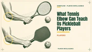 Engraved Field Manual illustration on cream paper, stacked as a two-part comparison. Above: a bare forearm gripping a tennis racquet, with a fuzzy felt tennis ball beside it. Below: a bare forearm gripping a pickleball paddle, with a rigid plastic pickleball beside it. Both forearms are drawn in detailed engraved musculature, each outer elbow ringed in yellow, and faint dashed force lines run from the racquet strings and the paddle face up toward the elbow. The title 'What Tennis Elbow Can Teach Us Pickleball Players' is lettered on the right.