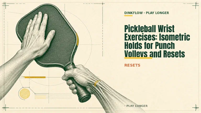 Engraved anatomical illustration: a forearm grips a pickleball paddle in a natural grip while the other hand's fingers press the paddle face to hold it still, with the wrist extensor tendons on the back of the wrist highlighted.